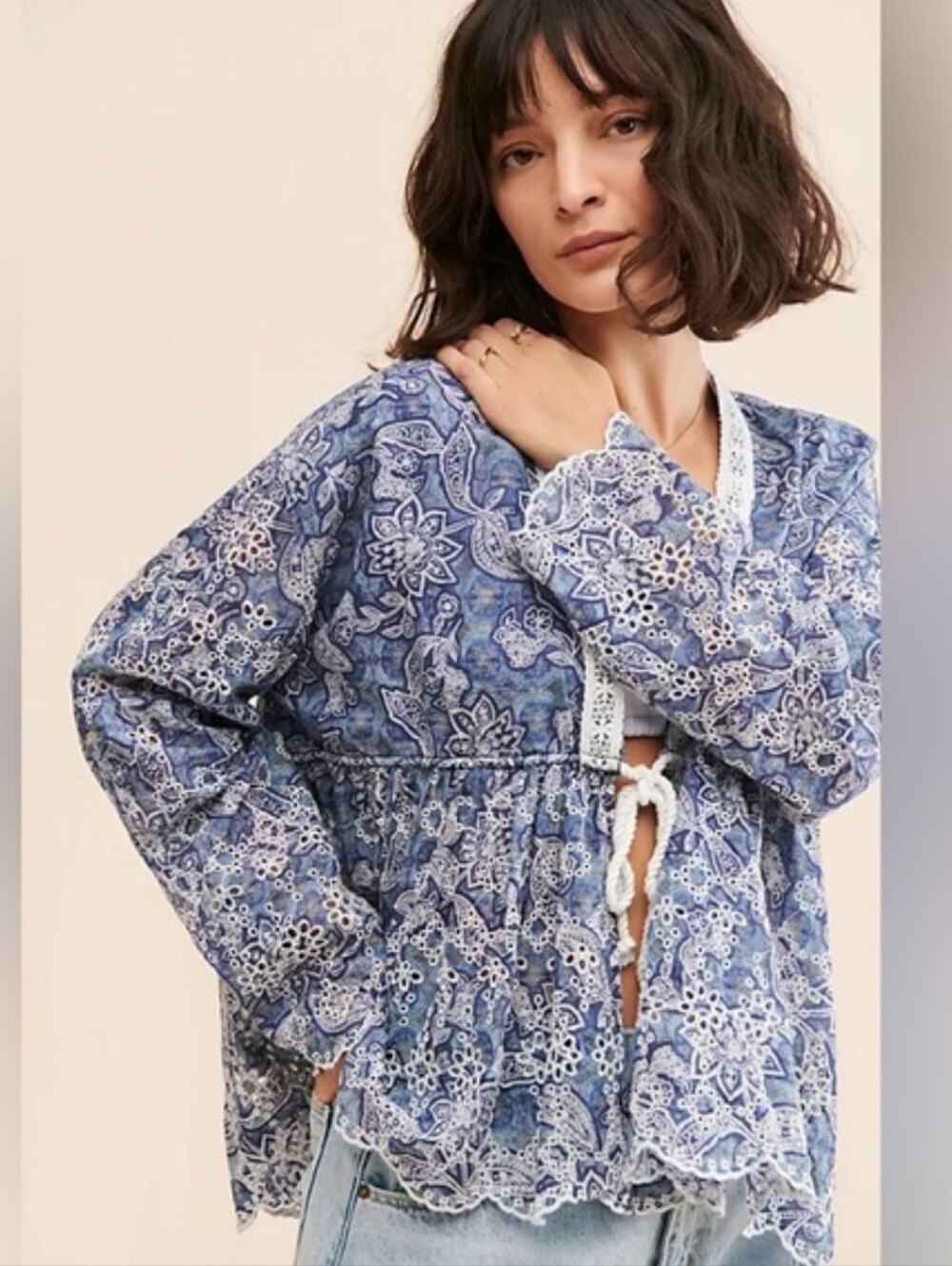 FREE PEOPLE Anissa Emroidered Eyelet Tie Front Bed Jacket Blue Combo NWT SRP$148